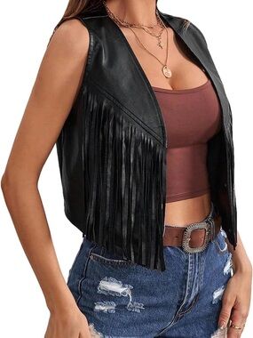 New Women's Black Fringe Faux Leather Vest- size M